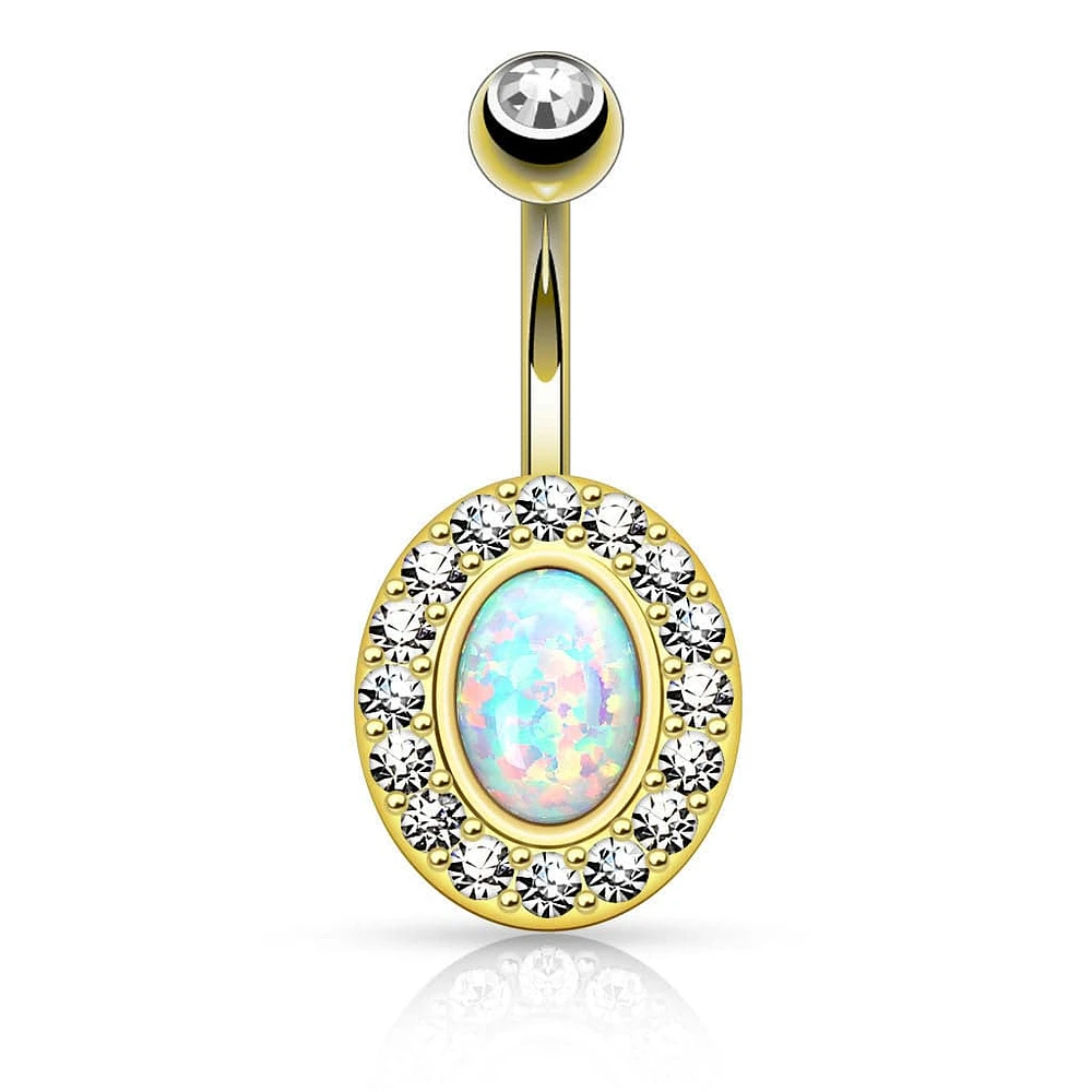 Elegant Oval Blue Opal Non Dangling Gold Plated Surgical Steel Belly Ring