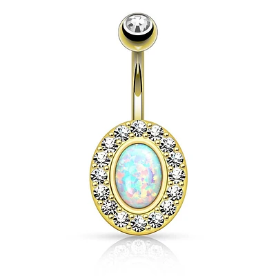 Elegant Oval Blue Opal Non Dangling Gold Plated Surgical Steel Belly Ring