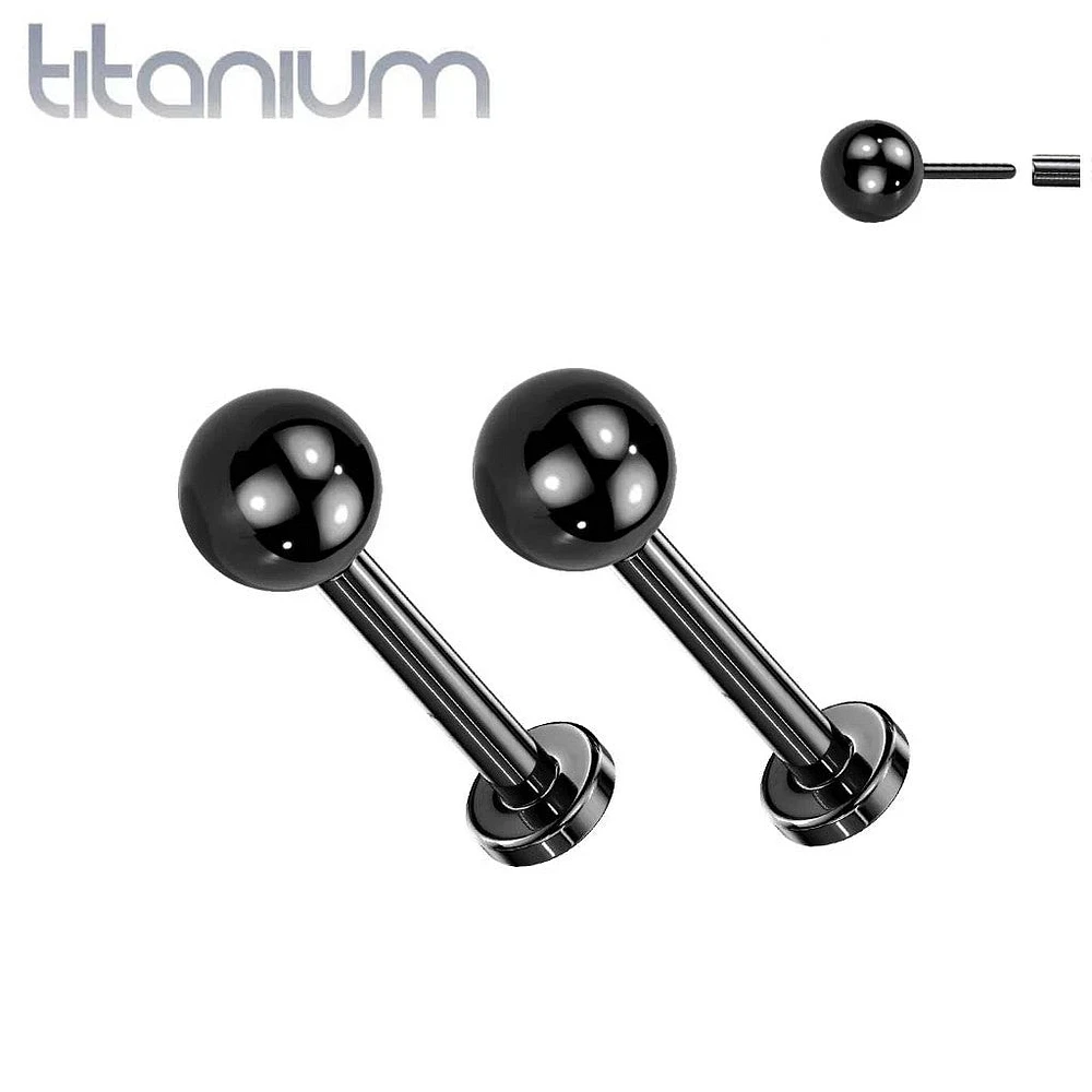 Pair of Implant Grade Titanium Black PVD Ball Top Threadless Push In Earrings With Flat Back