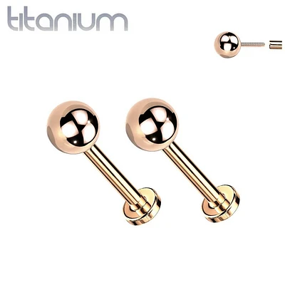 Pair of Implant Grade Titanium Rose Gold PVD Ball Top Threadless Push In Earrings With Flat Back