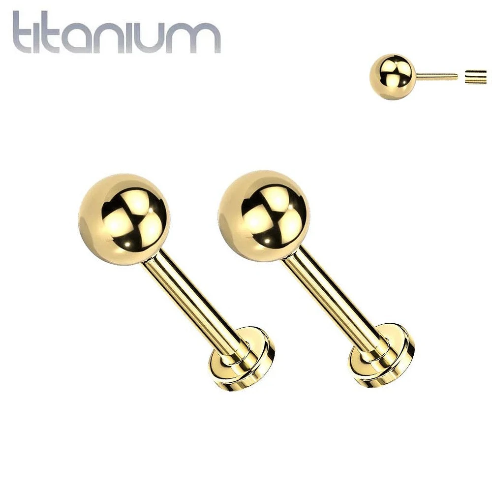 Pair of Implant Grade Titanium Gold PVD Ball Top Threadless Push In Earrings With Flat Back