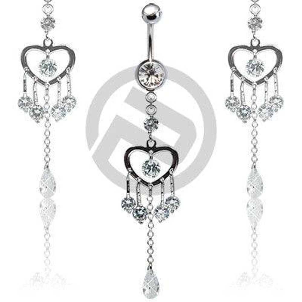 Fancy Clear CZ Heart with Gem Drop Belly Button Navel Ring