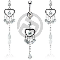 Fancy Clear CZ Heart with Gem Drop Belly Button Navel Ring