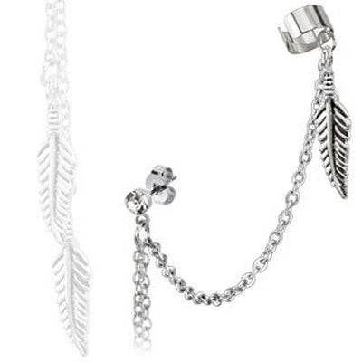 Feather and CZ Chain Link Cartilage Chain Dangle Cuff Helix Earring