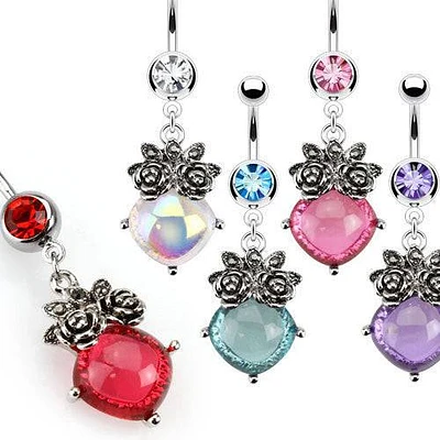 Flowers on Oval Gem Belly Button Ring