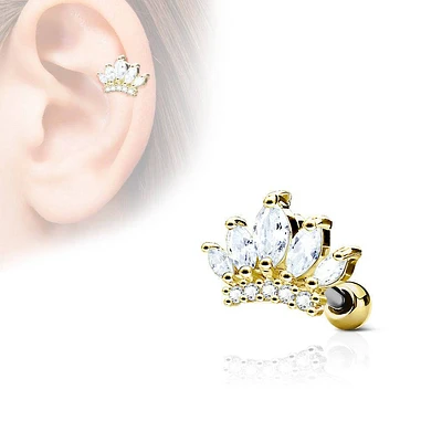 Gold IP Surgical Steel CZ Crown Tiara Ear Cartilage Barbell