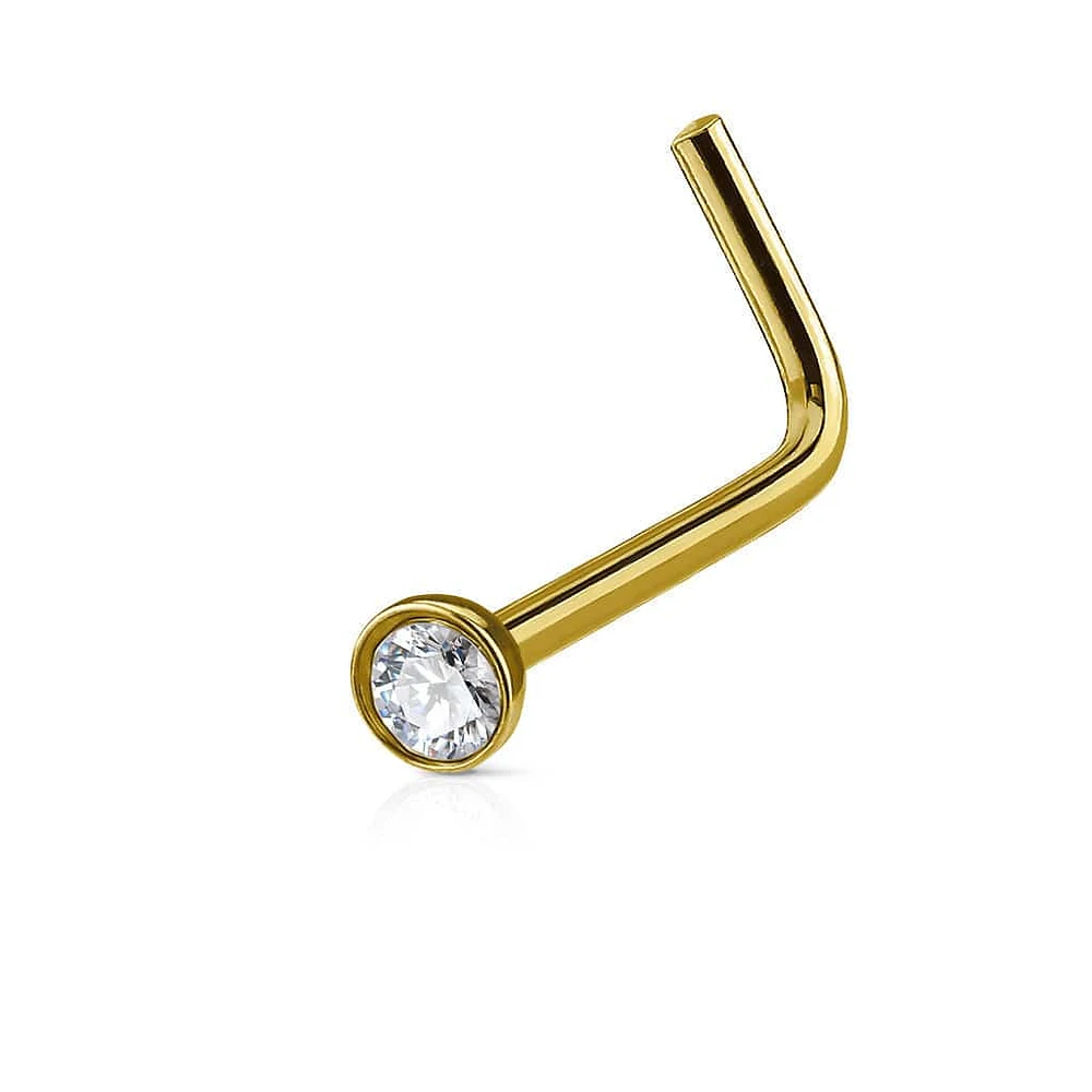 Gold IP Surgical Steel L Shape White CZ Nose Stud