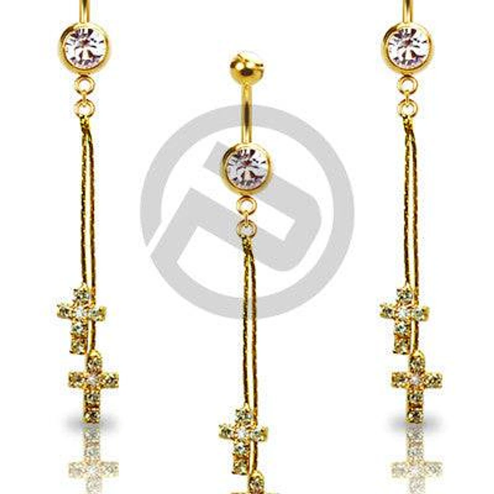 Gold Plated 2 Dangle Religious Cross Clear CZ Drop Dangle Belly Button Navel Ring