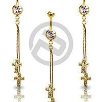 Gold Plated 2 Dangle Religious Cross Clear CZ Drop Dangle Belly Button Navel Ring