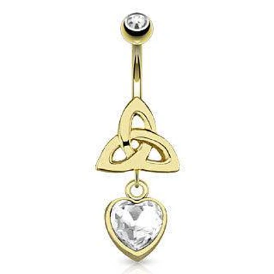 Gold Plated Celtic Knot with Dangling White CZ Floating Heart Belly Button Navel Ring