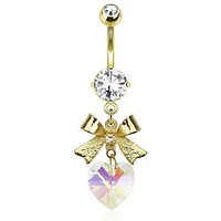 Gold Plated Clear Gem Ribbon with Crystal Heart Dangling Belly Button Navel Ring