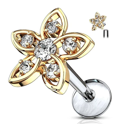 Gold Plated Internally Threaded Surgical Steel White CZ Flower Labret