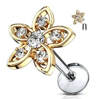 Gold Plated Internally Threaded Surgical Steel White CZ Flower Labret