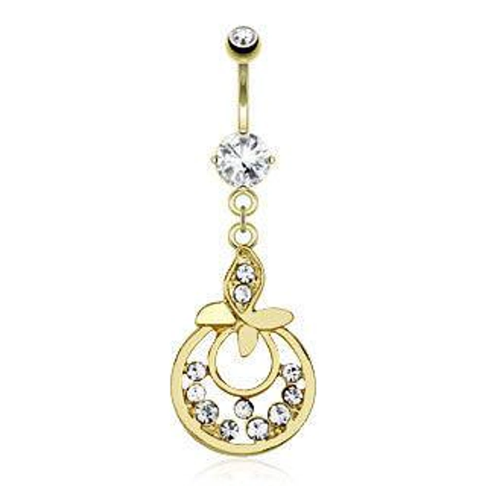 Gold Plated over Surgical Steel Belly Button Navel Ring Bar with Dangling Leaf with Paved CZs