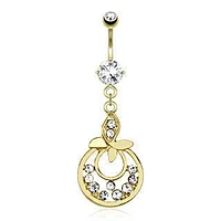 Gold Plated over Surgical Steel Belly Button Navel Ring Bar with Dangling Leaf with Paved CZs