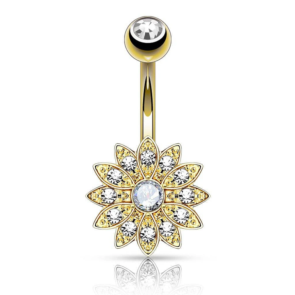 Gold Plated over Surgical Steel Paved CZ Flower with White Center Stone