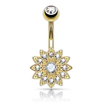 Gold Plated over Surgical Steel Paved CZ Flower with White Center Stone