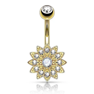 Gold Plated over Surgical Steel Paved CZ Flower with White Center Stone