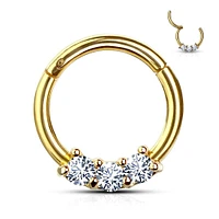 Gold Plated Surgical Steel 3 Gem White CZ Hinged Septum Ring Clicker