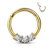Gold Plated Surgical Steel 3 Gem White CZ Hinged Septum Ring Clicker