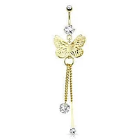 Gold Plated Surgical Steel Belly Button Navel Ring Bar with Dangling Butterfly with Floating Gems