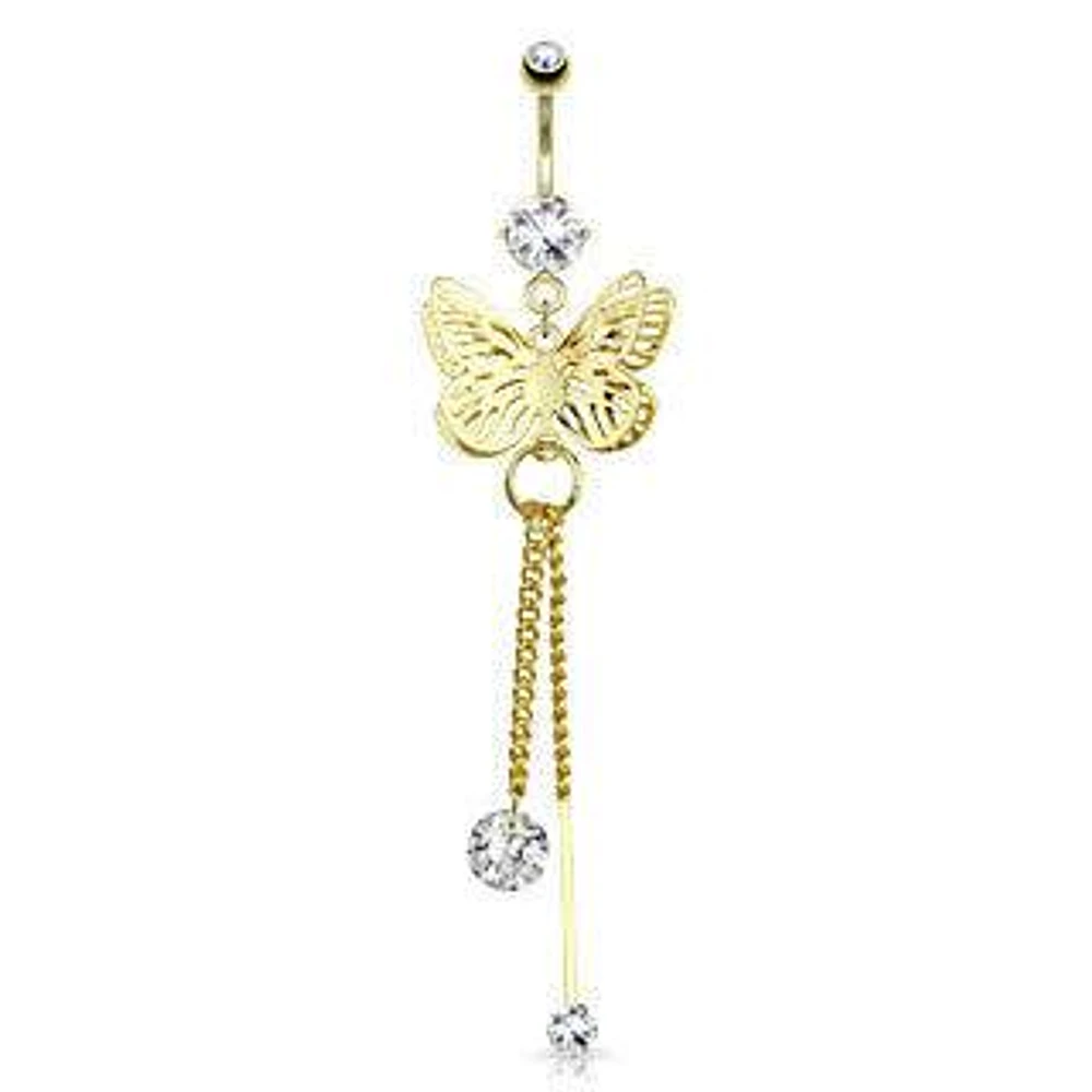 Gold Plated Surgical Steel Belly Button Navel Ring Bar with Dangling Butterfly with Floating Gems