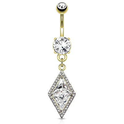 Gold Plated Surgical Steel Belly Ring with Large Paved CZ Center Dangle