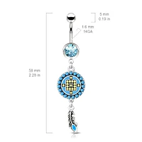 Gold Plated Surgical Steel Boho Blue Turquoise Aztec Feather Dangle Belly Ring