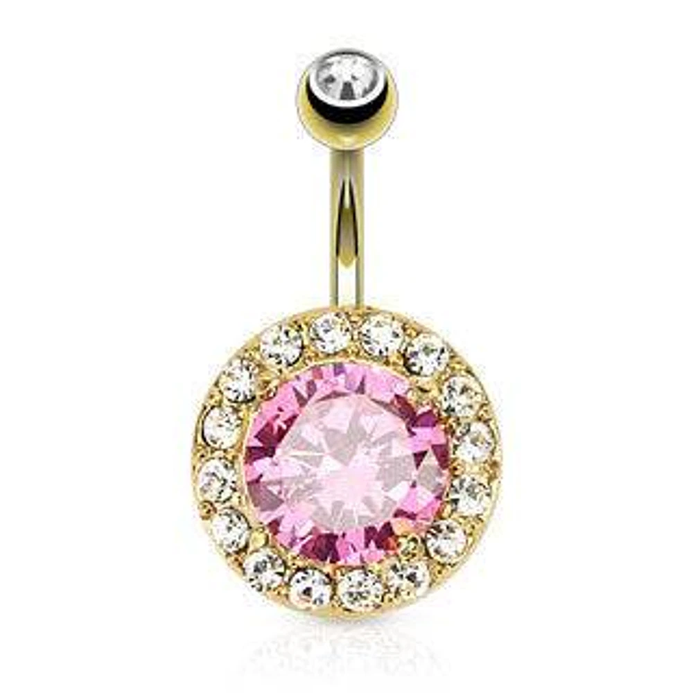 Gold Plated Surgical Steel Clear CZ Rim with Pink Center Stone Belly Ring