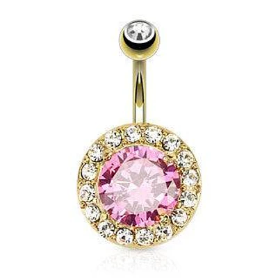 Gold Plated Surgical Steel Clear CZ Rim with Pink Center Stone Belly Ring