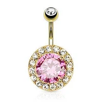 Gold Plated Surgical Steel Clear CZ Rim with Pink Center Stone Belly Ring