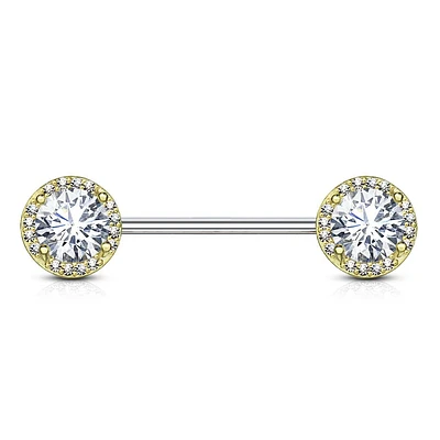 Gold Plated Surgical Steel CZ Centre Pave Nipple Ring Barbell