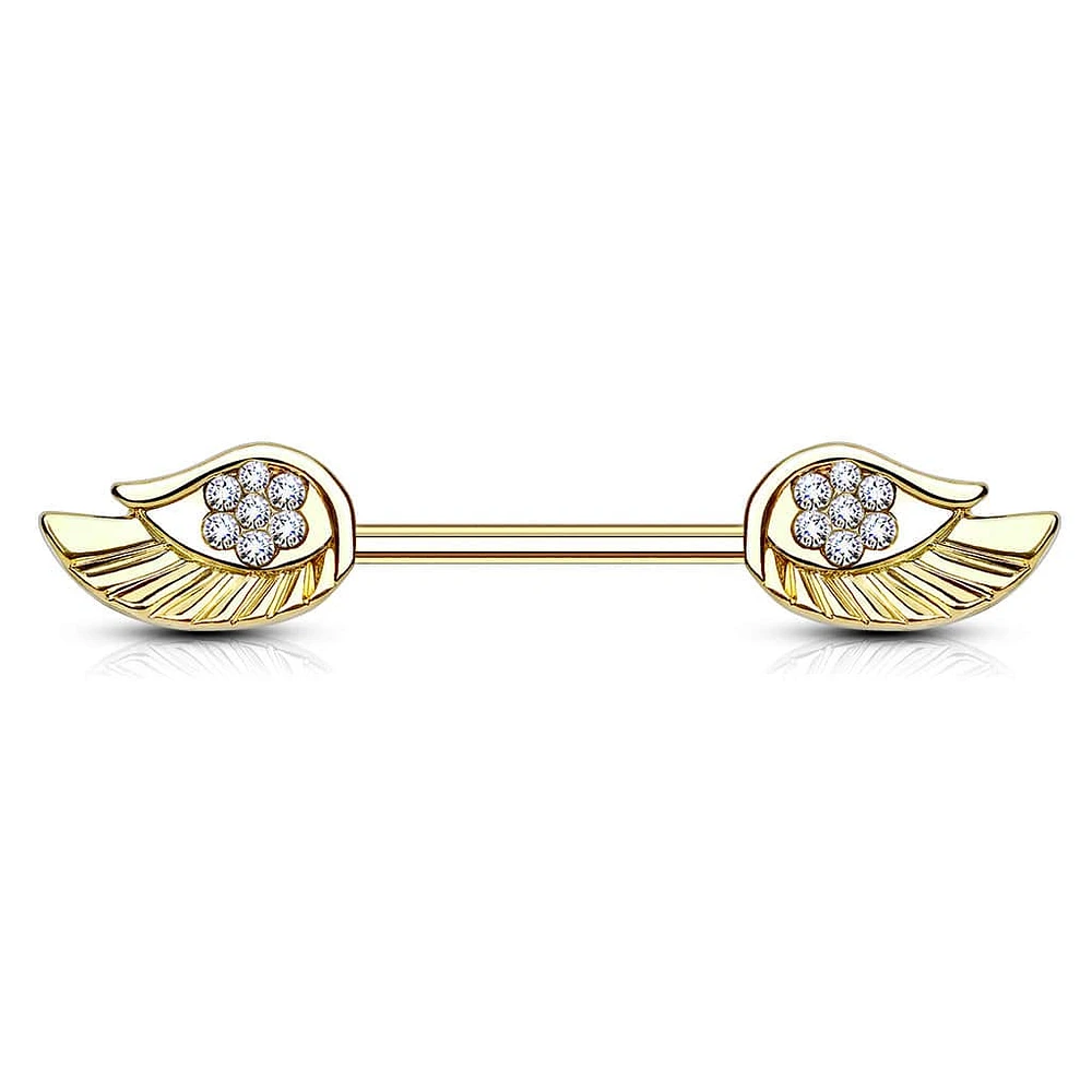 Gold Plated Surgical Steel CZ Paved Angel Wing Nipple Ring