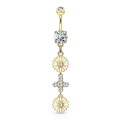 Gold Plated Surgical Steel Double CZ Flower Dangling Belly Button Ring