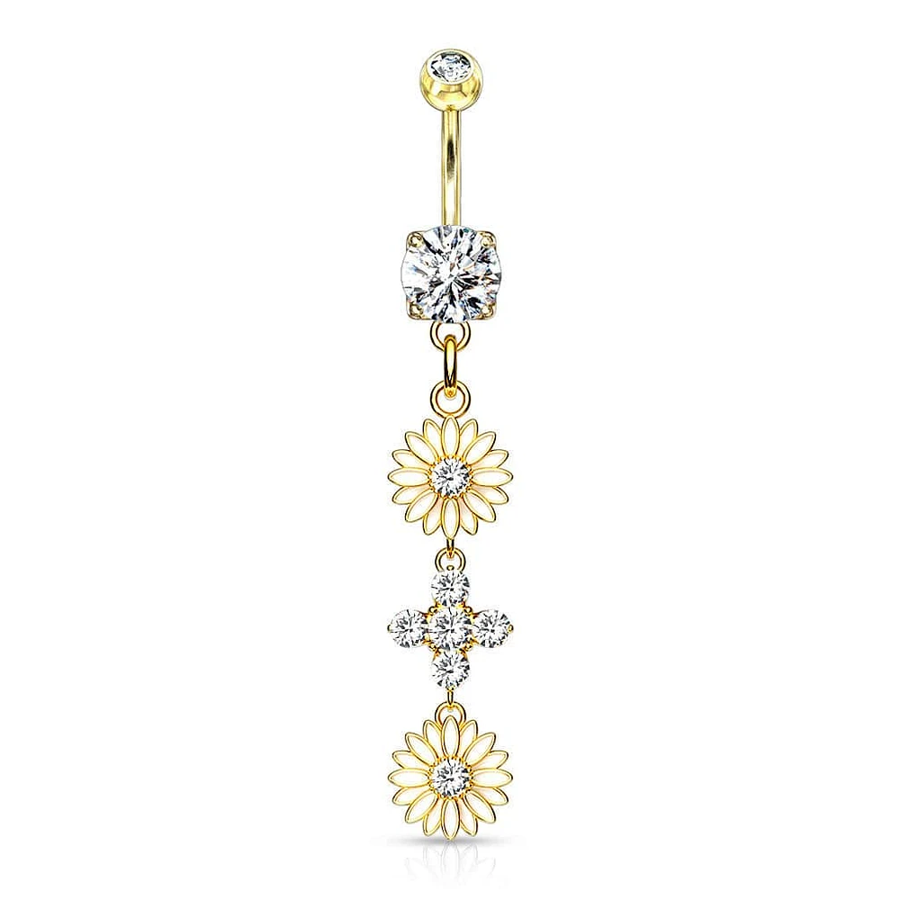 Gold Plated Surgical Steel Double CZ Flower Dangling Belly Button Ring