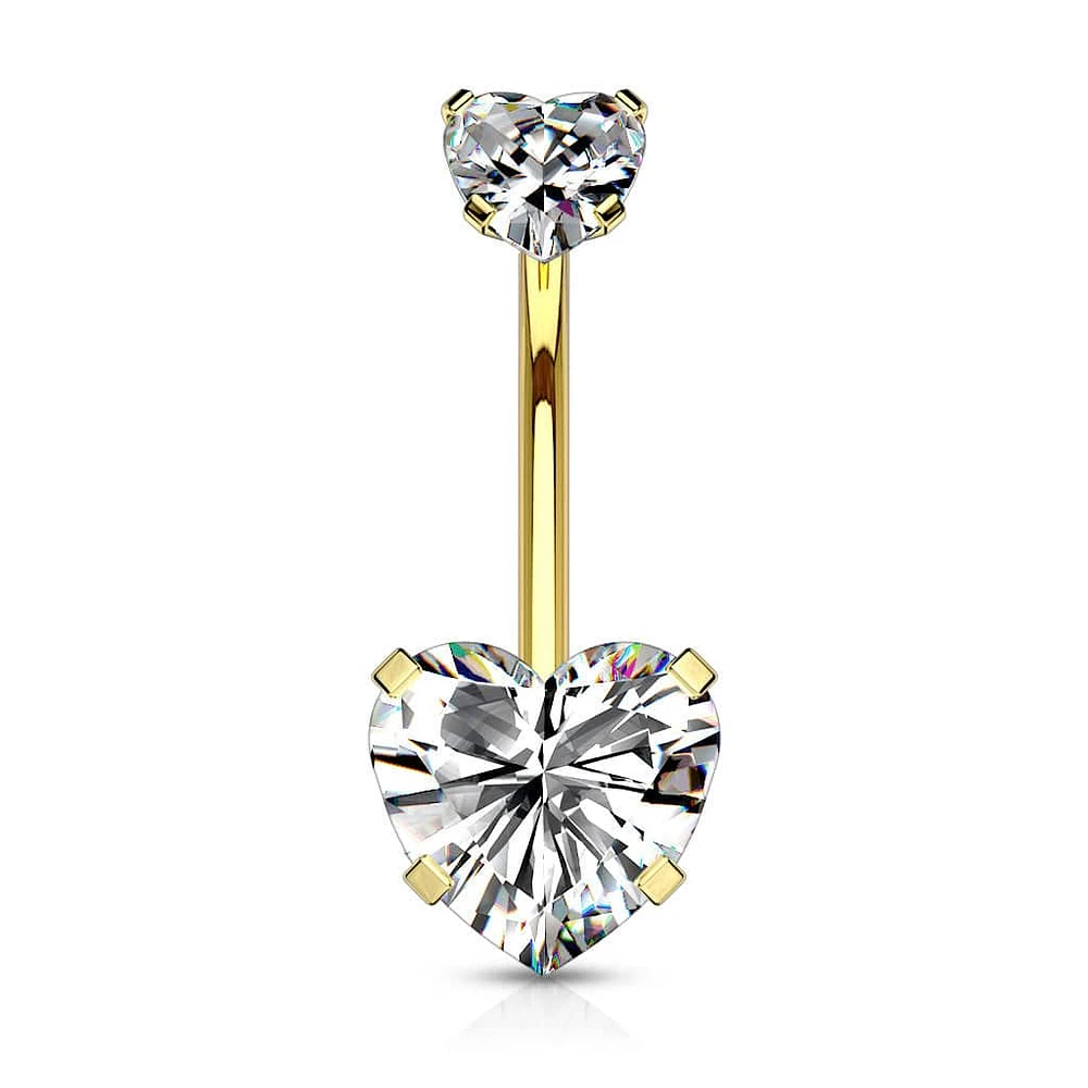 Gold Plated Surgical Steel Double Heart White CZ Gem Belly Button Ring