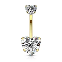 Gold Plated Surgical Steel Double Heart White CZ Gem Belly Button Ring