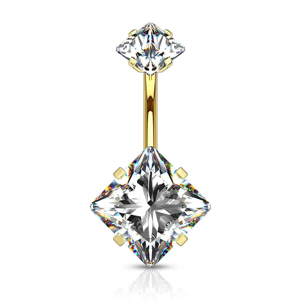 Gold Plated Surgical Steel Double Square White CZ Gem Belly Button Ring