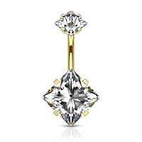 Gold Plated Surgical Steel Double Square White CZ Gem Belly Button Ring