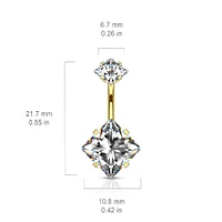 Gold Plated Surgical Steel Double Square White CZ Gem Belly Button Ring