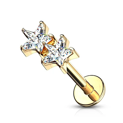 Gold Plated Surgical Steel Double Star White CZ Internally Threaded Flat Back Labret