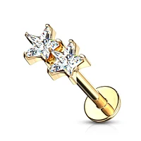 Gold Plated Surgical Steel Double Star White CZ Internally Threaded Flat Back Labret