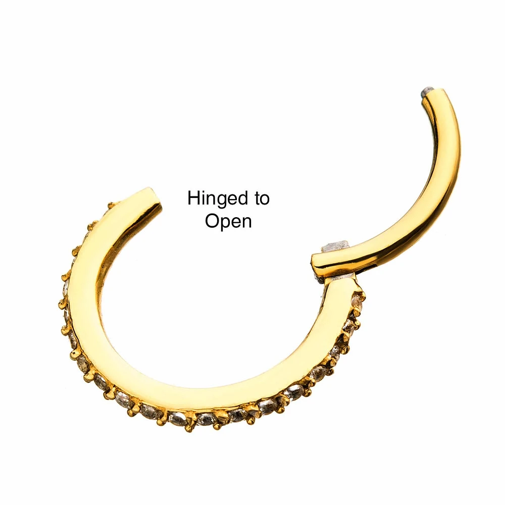 Gold Plated Surgical Steel Easy Hinged CZ Pave Clicker Hoop