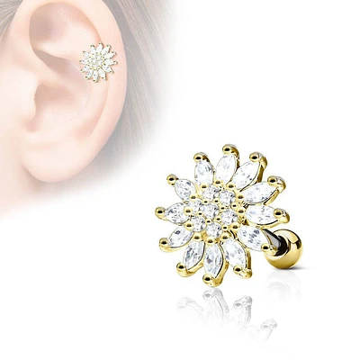 Gold Plated Surgical Steel Large Flower White CZ Cartilage Helix Barbell