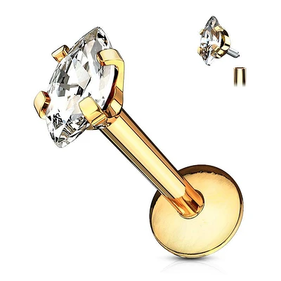 Gold Plated Surgical Steel Marquise White CZ Internally Threaded Labret