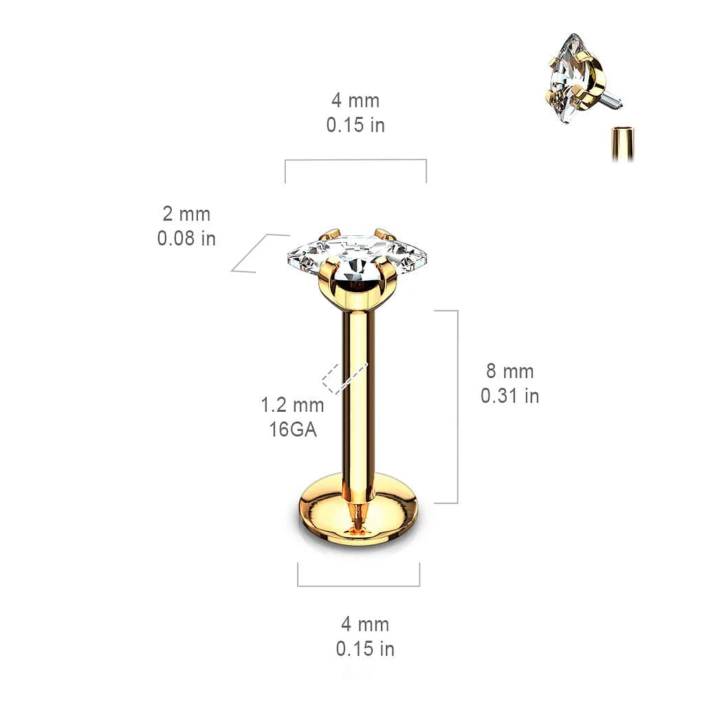 Gold Plated Surgical Steel Marquise White CZ Internally Threaded Labret