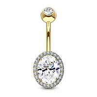 Gold Plated Surgical Steel Oval Pave White CZ Belly Ring