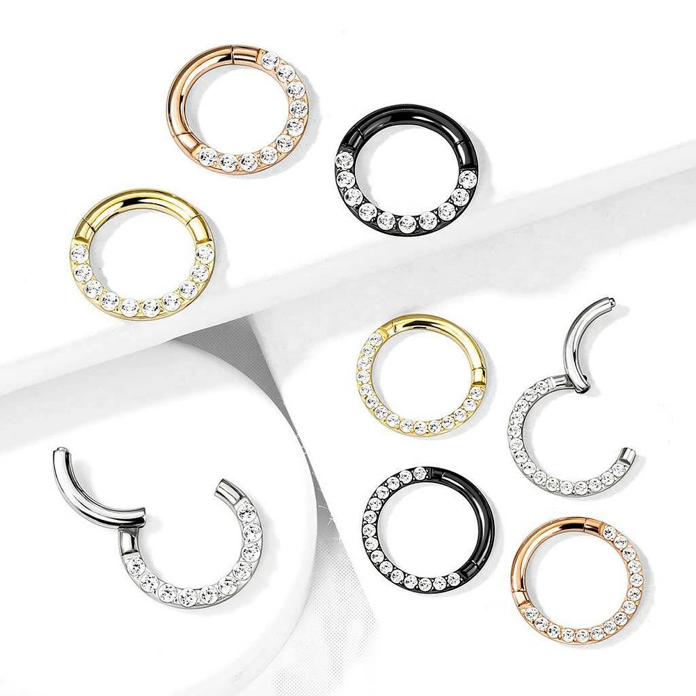 Gold Plated Surgical Steel Paved CZ Hinged Septum Ring Clicker