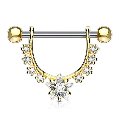 Gold Plated Surgical Steel Star Dangle White CZ Nipple Ring Barbell