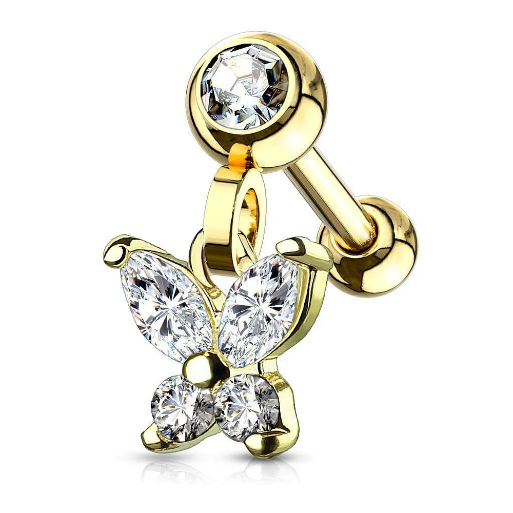 Gold Plated Surgical Steel White CZ Butterfly Dangle Cartilage Ring